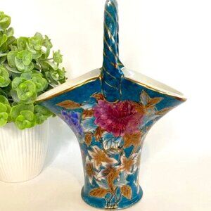 Vintage Flower Pot Teal Blue Gold Outline